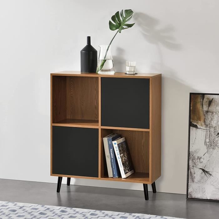 En.casa Meuble Rangement Carré 2 Portes Push-to-Open 93x80x30 Cm - Effet Bois Foncé Noir - 20kg