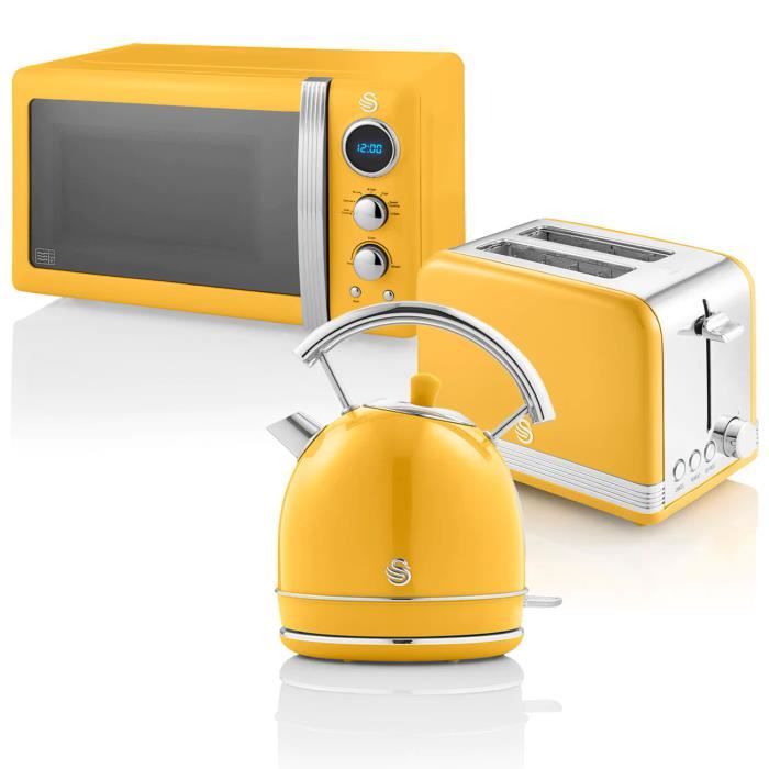 Retro Set Petit-Déjeuner Bouilloire 1,8L Grille-Pain 2 Tranches Micro-ondes 20L SWAN STRP2070YELNEU Jaune 57935