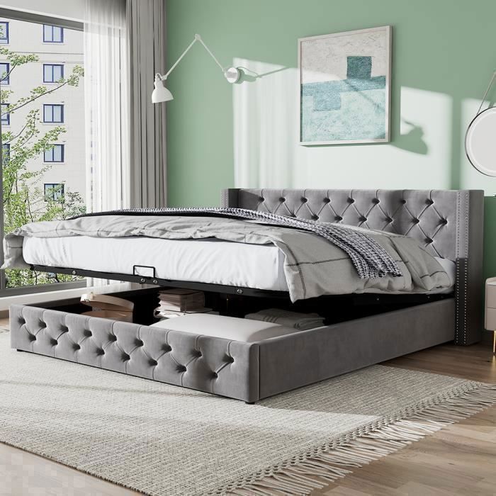 Lit coffre lit double Lit 140x190 cm non-tissé imperméable Lit adulte gris