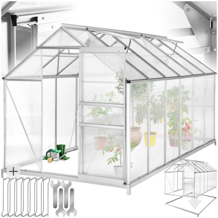 Serre - TECTAKE - serre solide serre en aluminium plaques polycarbonate uv fondation 185 x 375 x 195 cm - blanc transparent