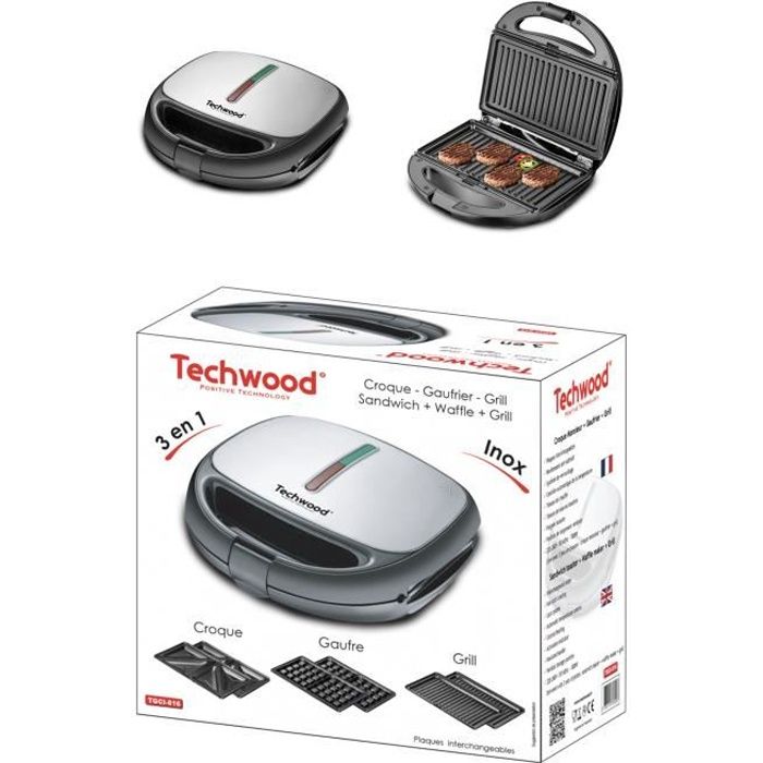 GAUFRIER + CROQUE + GRILL Décor Inox Plaques interchangeables Revêtement anti adhésif cadeau de noêl - vue 2