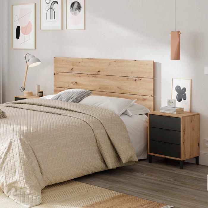 Tête de lit 140 cm avec 2 chevets amovibles et 3 tiroirs - Chêne et anthracite - TL81014 - Bois naturel - Terre de Nuit