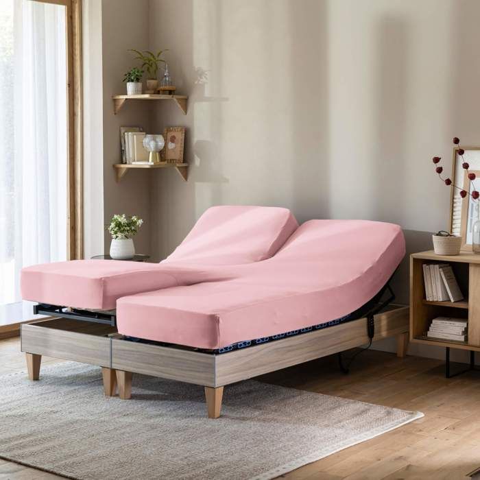 Drap housse rose thé pour lit articulé jersey extensible 2x90x200 - Rose - Terre de Nuit