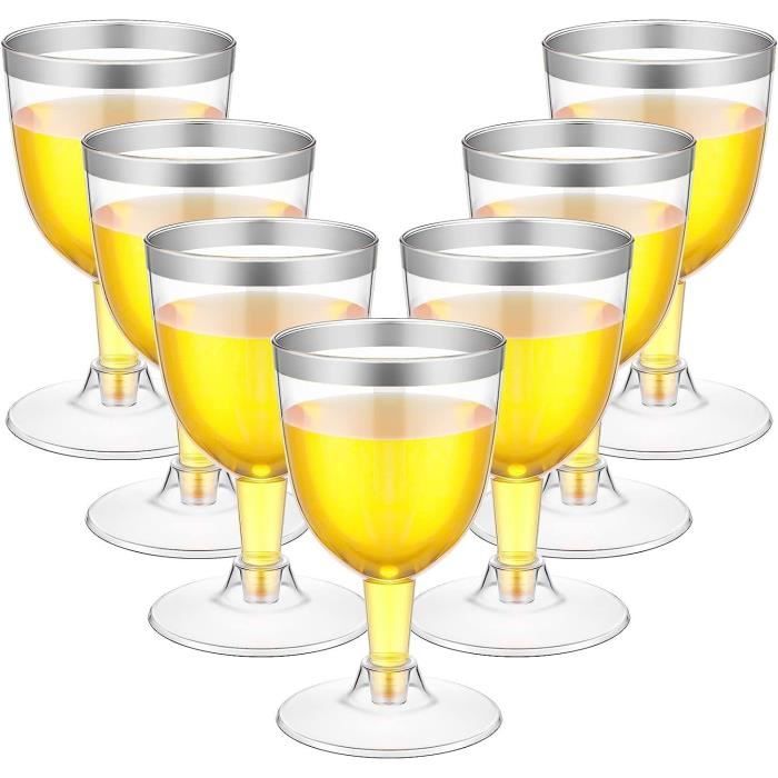 50 Verres à Vin En Plastique Transparent Avec Bordure Argentée - 170ml, Réutilisables Pour Fêtes Et Événements