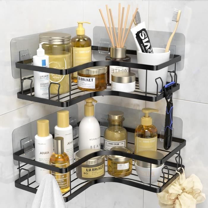 Étagère Douche Angle Sans Percage - Acier Inox 8 Crochets, 6 Adhésifs