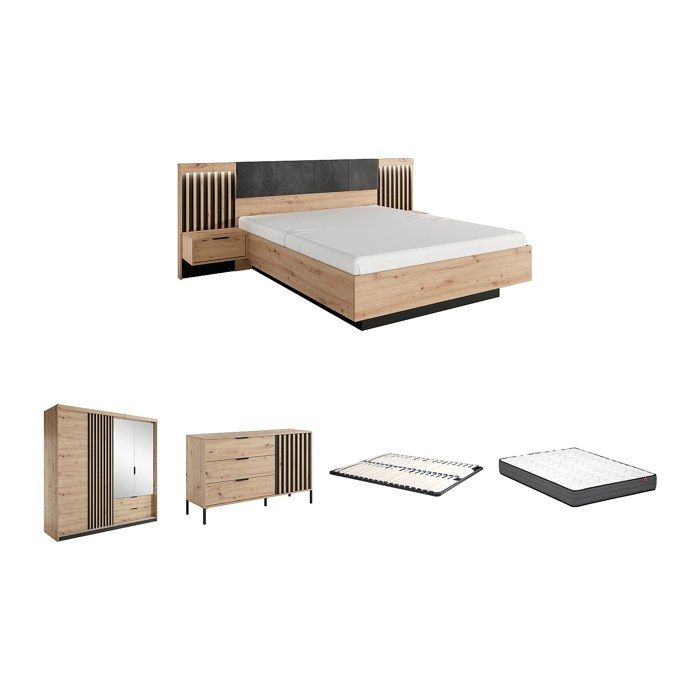 Ensemble lit avec chevets 160 x 200 cm + Sommier + Matelas + Commode + Armoire - Coloris : Naturel et noir - ARIADA