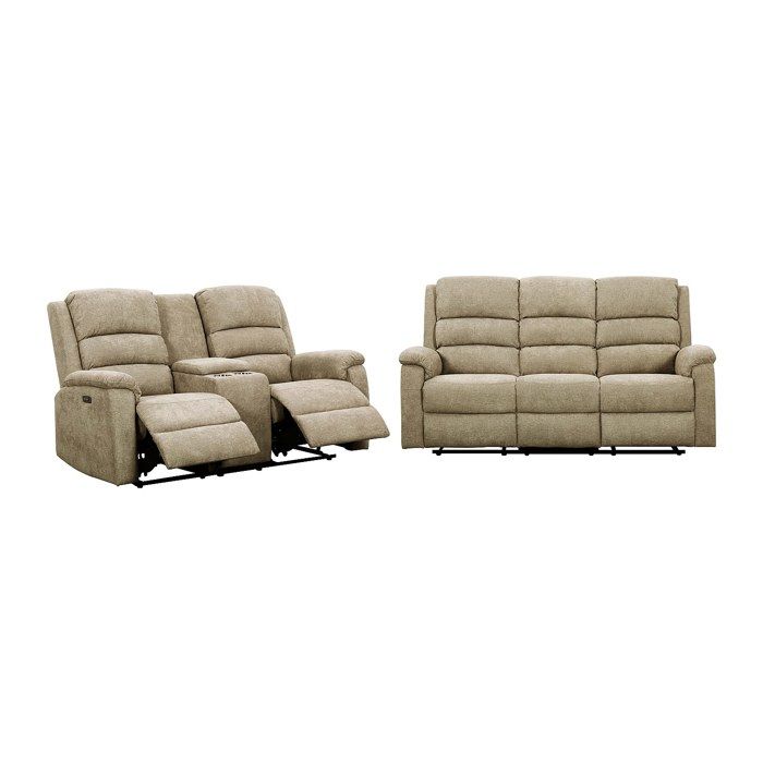 Canapés 3 places et 2 places relax électrique en tissu taupe avec tablette NEVERS Canapés 3 places et 2 places relax électrique en tissu taupe avec tablette NEVERS