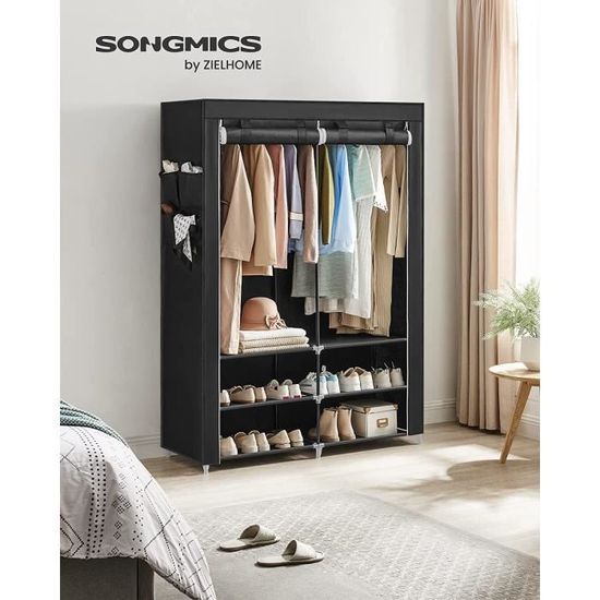 SONGMICS Armoire Chambre En Tissu Noir - Penderie 45 X 188 X 176 Cm, 3 Compartiments Suspension, Étagères & 4 Pochettes, Grande Capacité