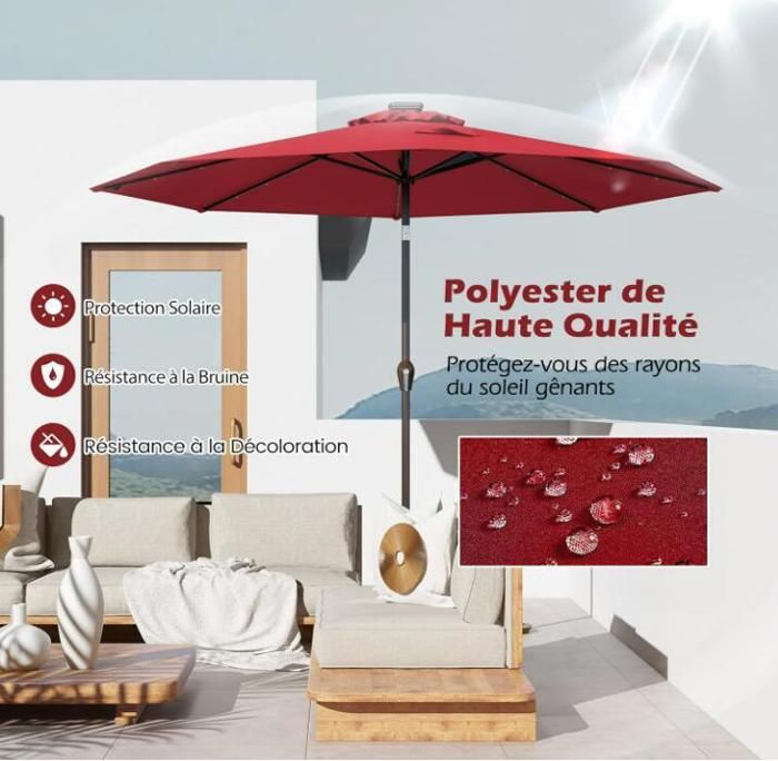 Parasol Cantilever Mural 247 Cm GOPLUS - Tête Inclinable, Support Réglable, 8 Baleines, Aération - Pour Terrasse, Balcon, Jardin (rouge)