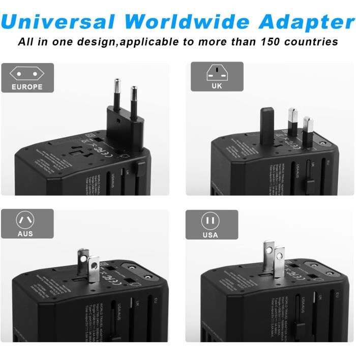 Adaptateur Voyage Universel International avec 3 USB et 1 Type C，Applicable  à UK, EU, AUS, USA