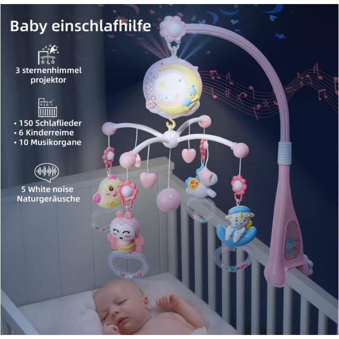 Mobile Musical Bébé Aolso 3-en-1 - Lumières, Musique, Rotation - Pour Lit Et Poussette - Télécommande