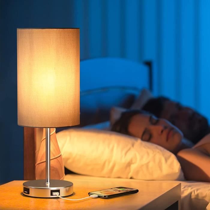 Hansang Lampe de chevet moderne à 3 voies avec contrôle tactile, 2 ports de  charge USB, 2 prises CA, abat-jour carré en tissu pour chambre à coucher,  salon, ampoule LED à intensité
