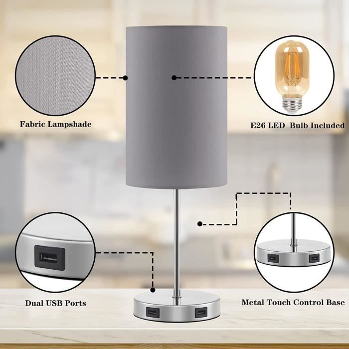 Lampe de Chevet Tactile Lot de 2, 2 Ports USB de Charge 2 Ampoules à  Intensité Variable, Abat jour Gris & Base en Métal, Lamp[A54] - Cdiscount  Maison