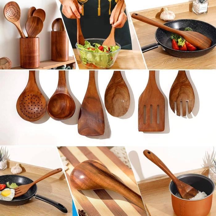 Ustensile En Bois Cuisine Losueeun Lot De 9 Cuillères En Bois Pour La Cuisine, Ustensiles Lots De Cuillères En Bois