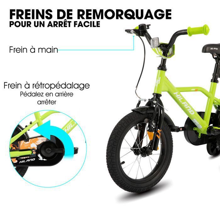 HILAND Vélo pour garçon de 4 à 5 à 6 ans avec siège arrière/porte-bagages, frein à main et rétropédalage, noir