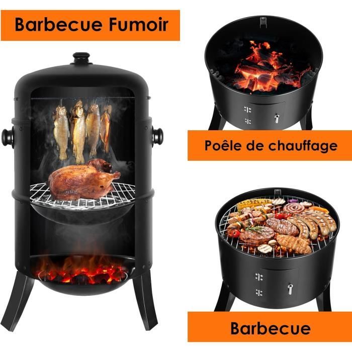 Fumoir 3 en 1, smoker fumoir, barbecue charbon de bois, Ø44,5 x 80 cm ...