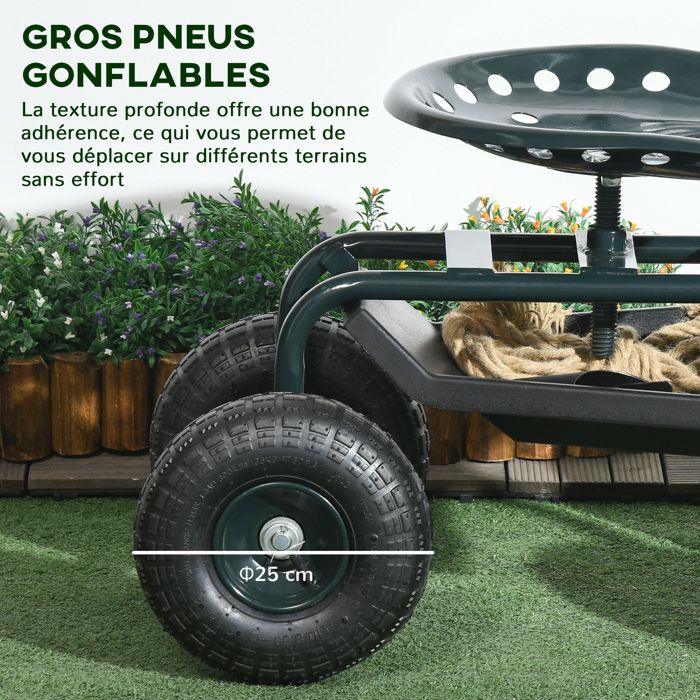 SOARS Siège roulant pour jardinage, pivotant à 360°, hauteur réglable de 45,5 à 54,5 cm, chariot de jardin avec poignée extensible, étagère et panier SOARS Siège roulant pour jardinage, pivotant à 360°, hauteur réglable de 45,5 à 54,5 cm, chariot de jardin avec poignée extensible, étagère et panier