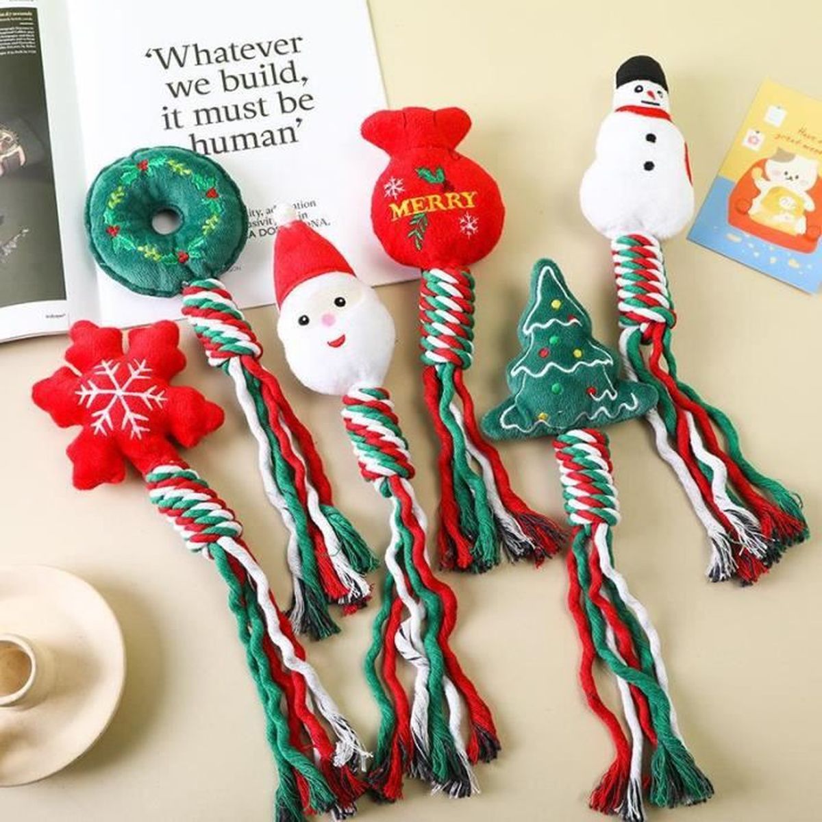Lot De 4 Jouets à Mâcher En Corde De Noël Pour Chien (Arbre, Flocon, Bonhomme De Neige, Couronne) - Avec Couinement - 6