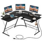 COSTWAY Bureau d’Angle Informatique-Support d’Écran, Prise de Courant, Plateau pour Clavier, Crochet pour Casque, Noir