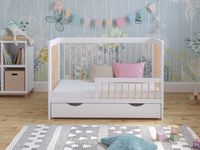 Lit Bebe Evolutif avec tiroir en Bois Pin Blanc 120x60cm, Transformable en Un Canapé-lit avec Une Barrière de Sécurité