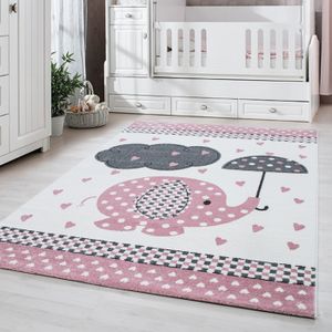TAPIS Tapis pour Chambre d'Enfant et de Bébé, joli motif d'éléphant, couleur rose gris et blanc, Taille 140 x 200 cm