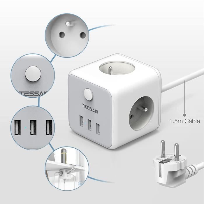 Bloc multiprise LENCENT avec 4 prises ca, 3 ports USB, 1 Type C, 3M, câble  tressé, adaptateur multiprise avec interrupteur pour la maison