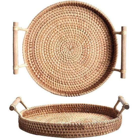 Plateau De Service En Rotin Rond – Avec Poignées Et Mosaïque Coquillage – 24 Cm De Diamètre – Tissé à La Main – Pour Fruits, Café, Dessert, Rangement Déco - 2