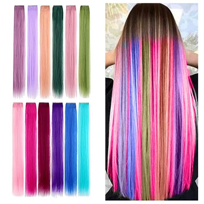 Extensions de cheveux colorés cheveux arc-en-ciel Extensions de cheveux raides synthétiques pour femmes filles enfants cadeau fête