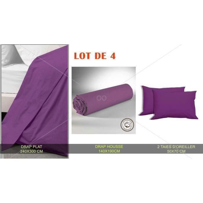 Pack de 4 linge de lit 100 % Coton 1 Drap Housse + 1 Drap Plat + 2 Taies d'Oreiller- 2 Personnes - V