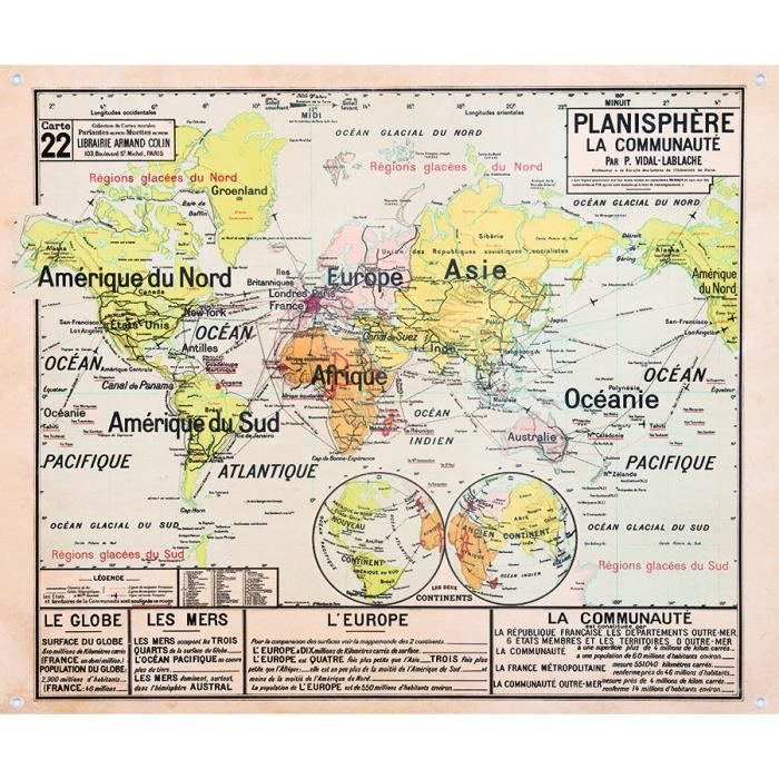 CARTE MURALE VIDAL LABLACHE N° 22 - PLANISPHERE LA COMMUNAUTE (REPRODUCTION ANCIENNE CARTE SCOLAIRE)