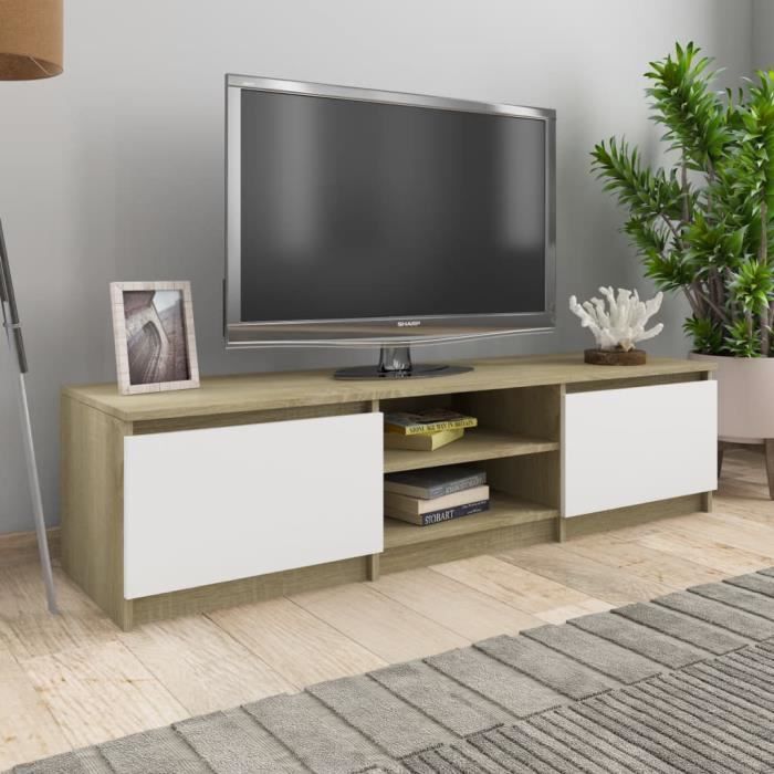 Elégant Meuble TV Design - Meuble de rangement Meuble de Télévision Blanc et chêne sonoma 140x40x35,5 cm Aggloméré ☺49421
