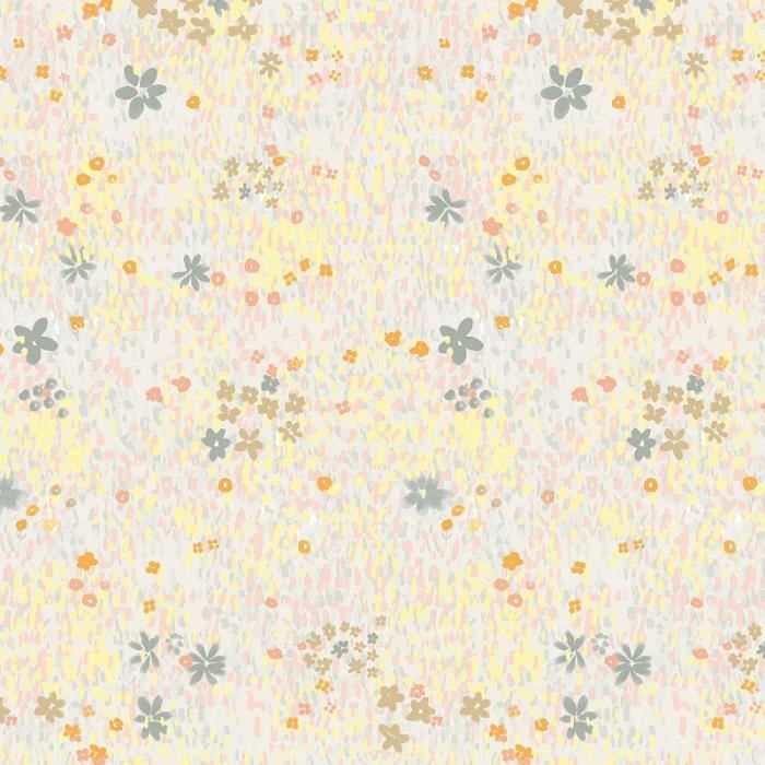 Tissu Coton léger à la coupe - Fleurs pastel sur fond Gris clair - Détails Métallisés - Par 10 cm