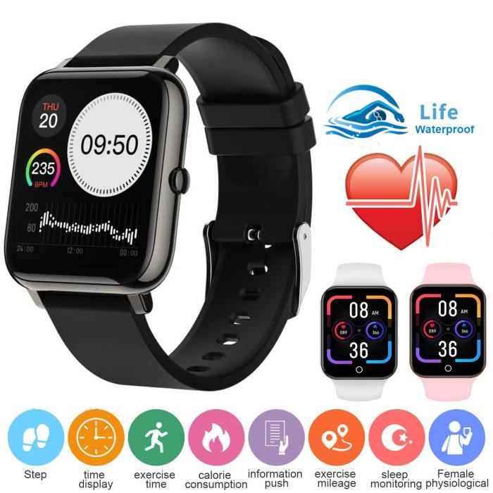 Montre Connectée Hommes Femmes Montre Intelligente Moniteur de fréquence Cardiaque Podometre Calories Sommeil pour Android IOS Noir