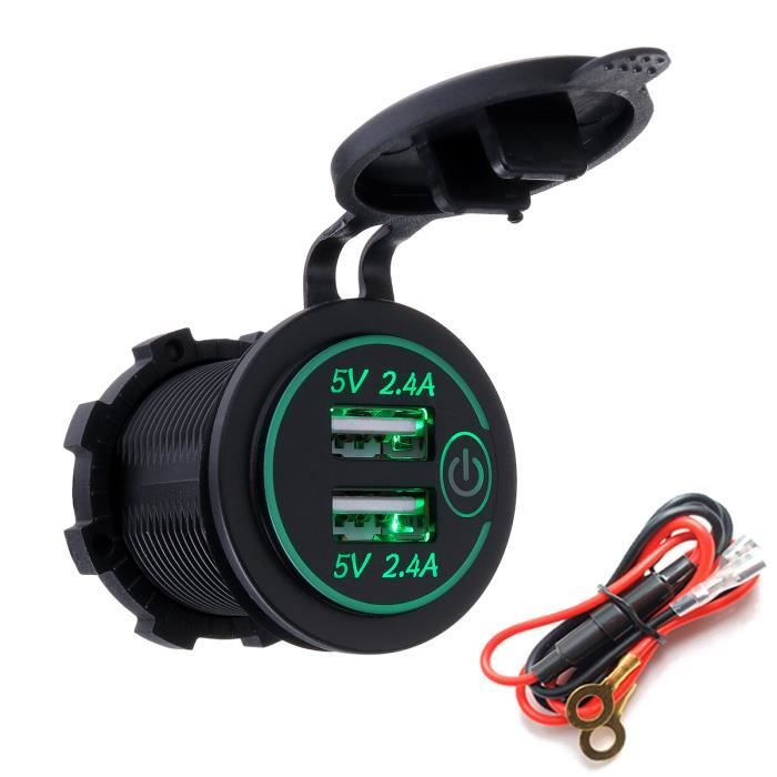 TEMPSA Dual USB Prise 12V-24V Chargeur Allume-cigare Pr Voiture Moto Bateau Vert LED