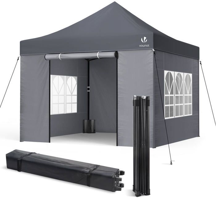 VOUNOT Tonnelle de jardin renforcée 3x3m pliable avec 4 parois et sac de transport a roulette gris