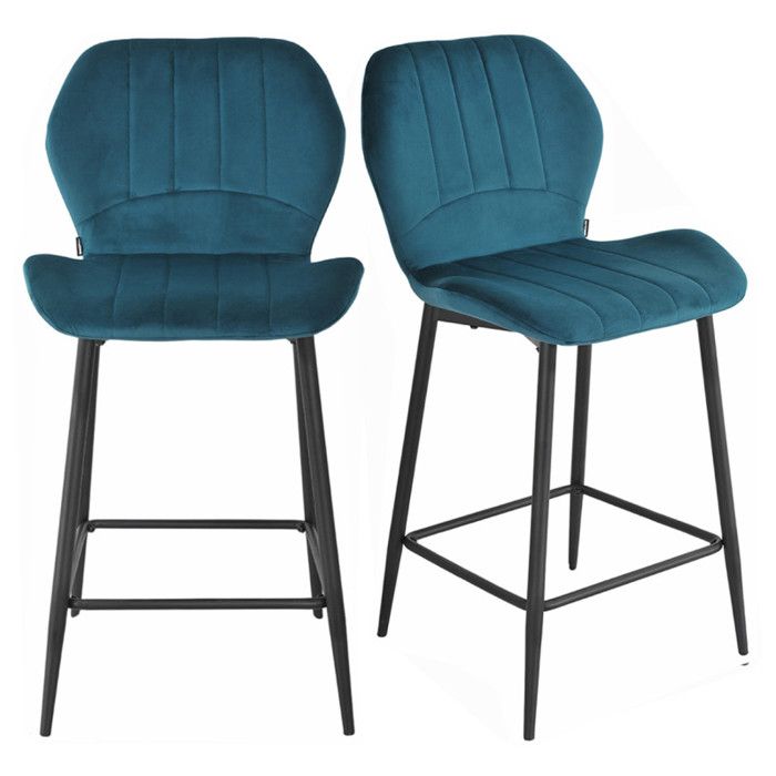Lot 2 chaises de bar en velours bleu et pieds en métal - EMILIO 2 Meubletmoi Lot 2 chaises de bar en velours bleu et pieds en métal - EMILIO 2 Meubletmoi