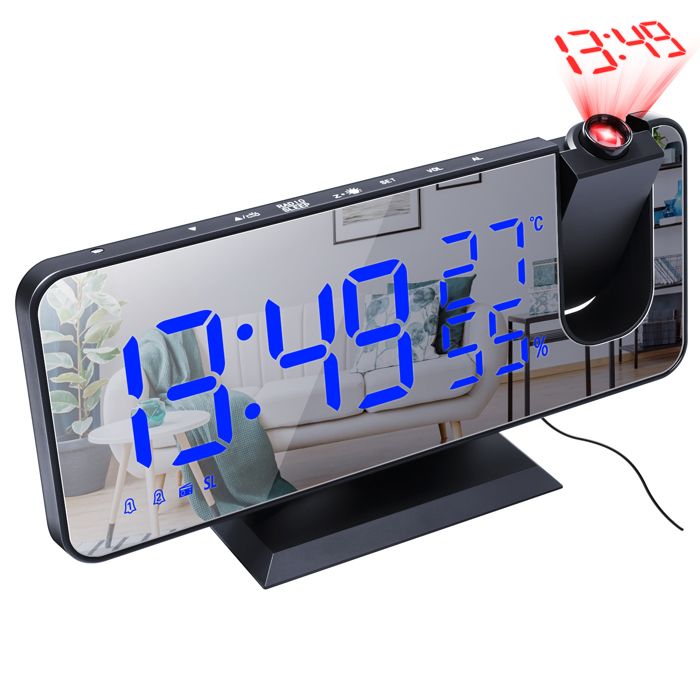 Réveil Projecteur Miroir 7.5 Pouces Or Rose - Radio FM, Température, Double Alarme, USB
