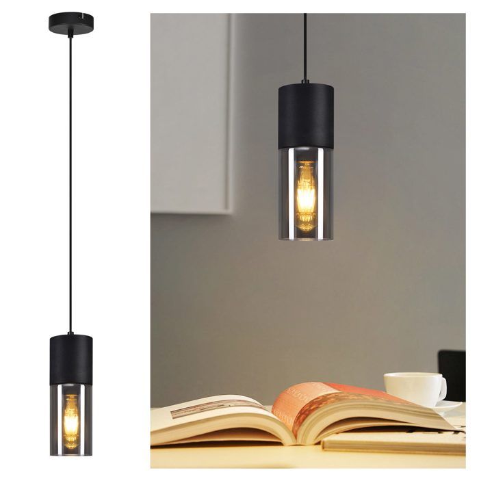 Homefire Suspension lampe suspension noire E27 cuisine verre noir métal