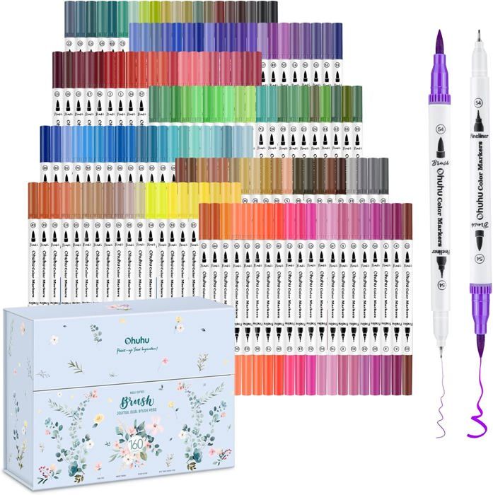 Ohuhu - 160 Couleurs Feutres Aquarelle, Art Double Marqueurs au Coloriage Stylo Pinceau Pointe Fine Couleur, De Marqueur À Base D'eau Surligneur Stylos pour Calligraphie Dessin Esquisse Coloring Ohuhu - 160 Couleurs Feutres Aquarelle, Art Double Marqueurs au Coloriage Stylo Pinceau Pointe Fine Couleur, De Marqueur À Base D'eau Surligneur Stylos pour Calligraphie Dessin Esquisse Coloring
