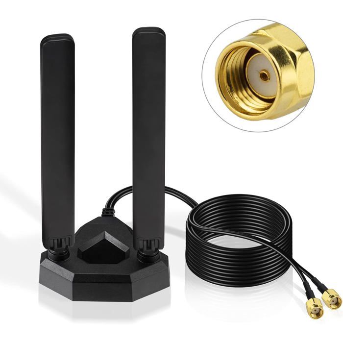 Antenne WiFi Triple Bande 6dBi RP-SMA - 2.4/5/6 GHz, Base Magnétique, Câble 1.5m - Pour Routeur, PC, Drone - 2