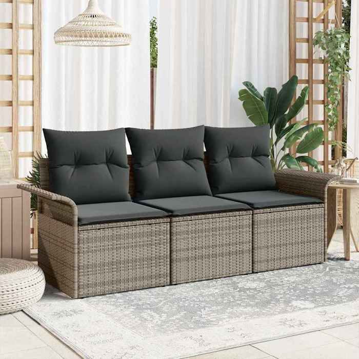 vidaXL Ensemble de canapé de jardin avec coussin 3 pcs Gris Poly rotin 3353888