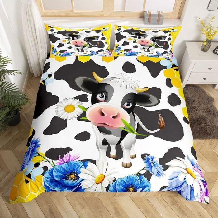 Mignon Lait Vache Housse de Couette Noir Blanc Vache Imprimé Parure de Lit 140x200 pour Ados Décor Floral Parure Housse de Couette