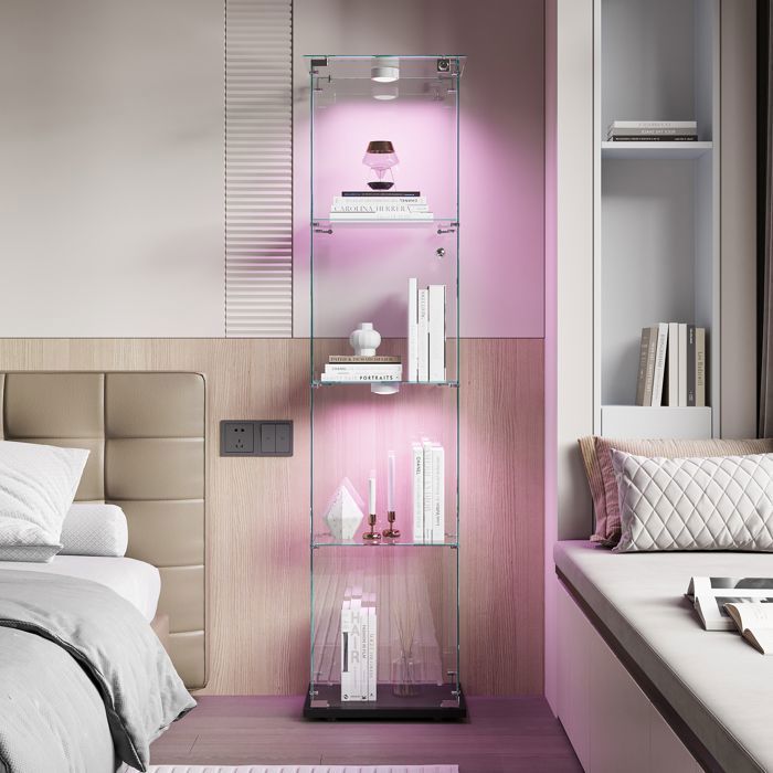 Vitrine en Verre LED ADWOLT 39 8x35x163cm Vitrine pour Collection avec Serrure 1 portes 4 étages lampe à tapoter Noir