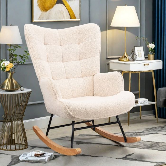 Fauteuil à bascule rocking chair avec accoudoirs chaise à bascule en tissu teddy rocking chair pieds en métal et en bois massif