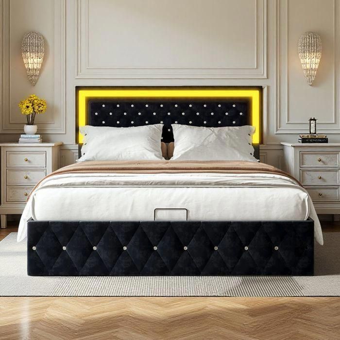 Lit 160x200 cm - COZY - LED - tissu en velours - sommier à lattes - cadre de lit adulte 160x200 cm - noir Lit 160x200 cm - COZY - LED - tissu en velours - sommier à lattes - cadre de lit adulte 160x200 cm - noir