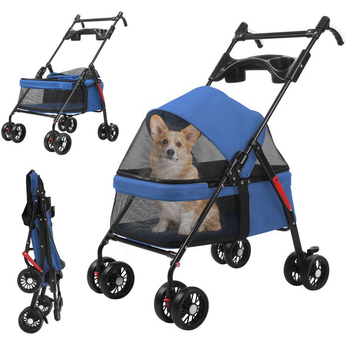 Meilleurs prix pour Poussette pour Chien et Chat - 4 Roues Pliable Guidon Réglable Filet Respirant Porte-Gobelet - Bleu