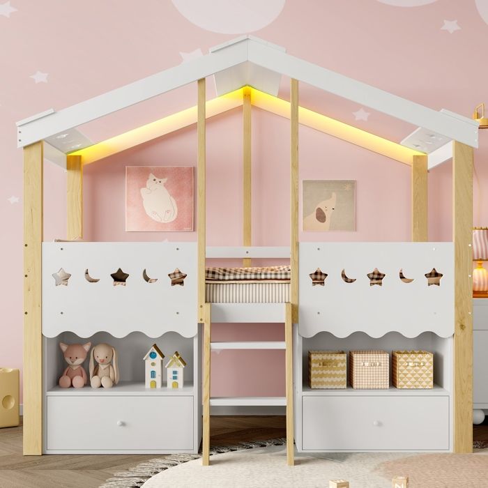Lit mezzanine enfant 90x200 cm Lit cabane en bois avec éclairage LED 2 compartiments 2 tiroirs et sommier à lattes - blanc