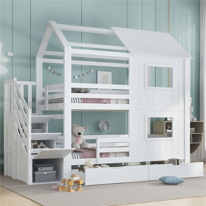 Lit cabane enfants 90x200 avec barrière lit superposé cabane 2 places avec fenêtre escalier et tiroirs de rangement pin blanc