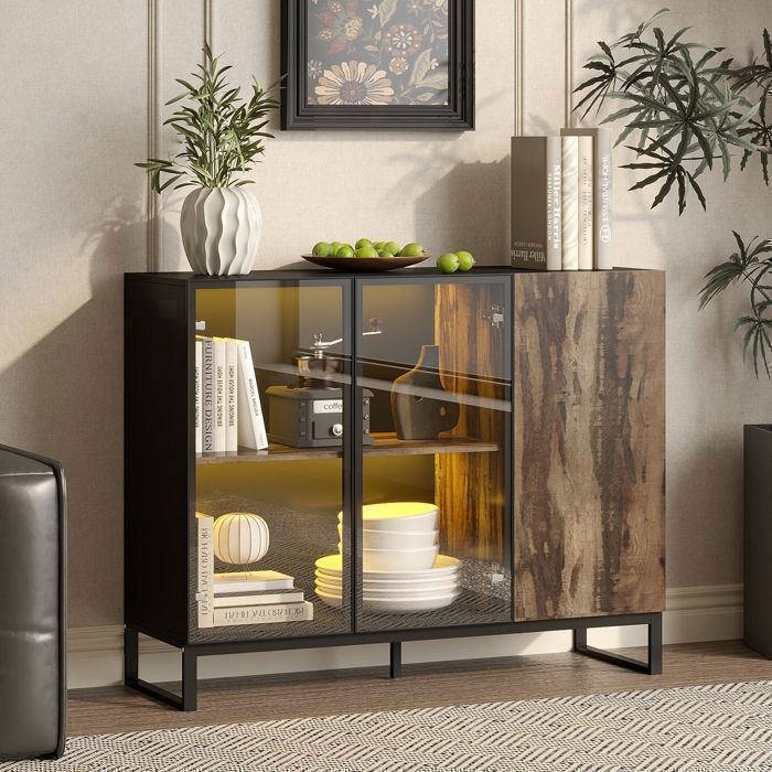 Buffet Bas avec Lumière LED 8 couleurs Armoire de Salon avec 3 Portes - 2 Étagères 120x41x95 Noir