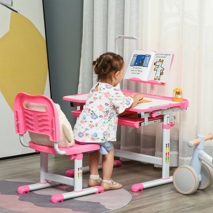 Bureau enfant avec chaise - ensemble bureau et chaise réglable - lampe support de lecture tablette coulissante multi-rangement